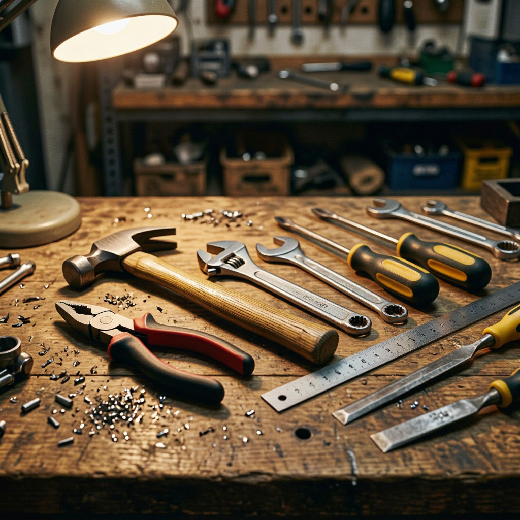 Locksmith hand tools on a workshop bench