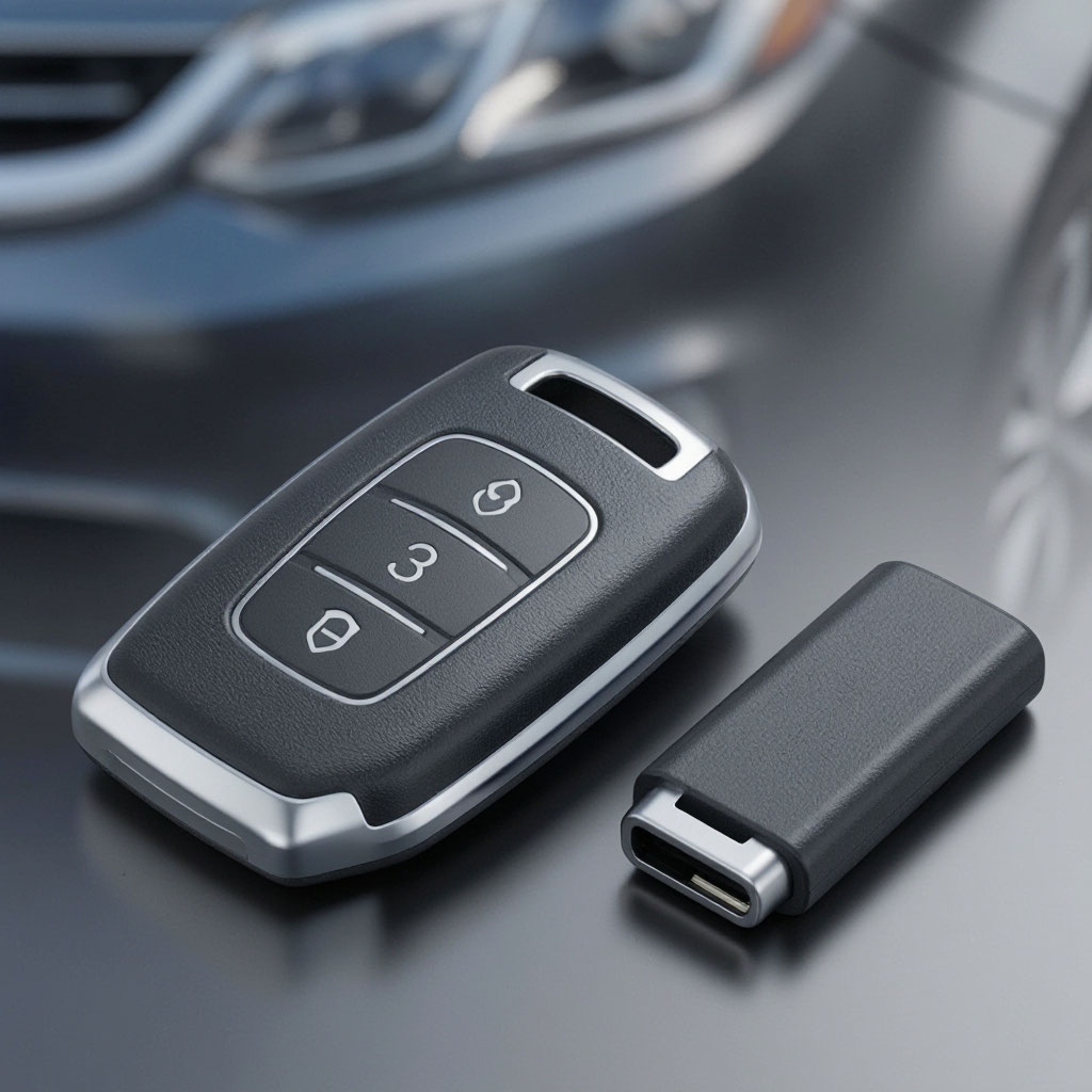 Close-up of a modern car key fob and transponder next to a vehicle